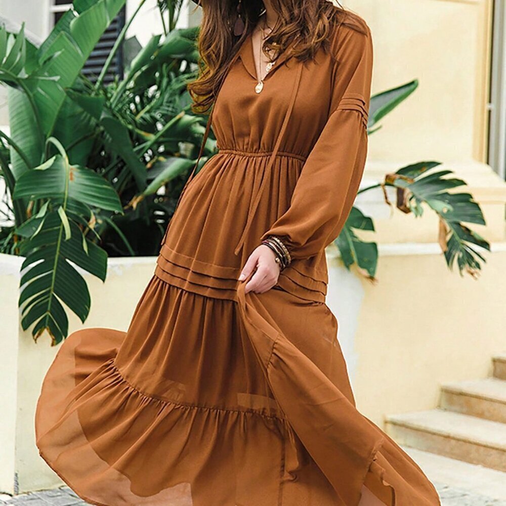 Brown Boho Womens Chiffon V-Neck Tie Elegant Long MAXI  Dress - Picture 4 of 8